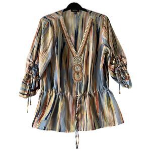 Melissa Paige Womens Top Sheer‎ Beaded  Size L Ruched Sleeves V Neck Striped